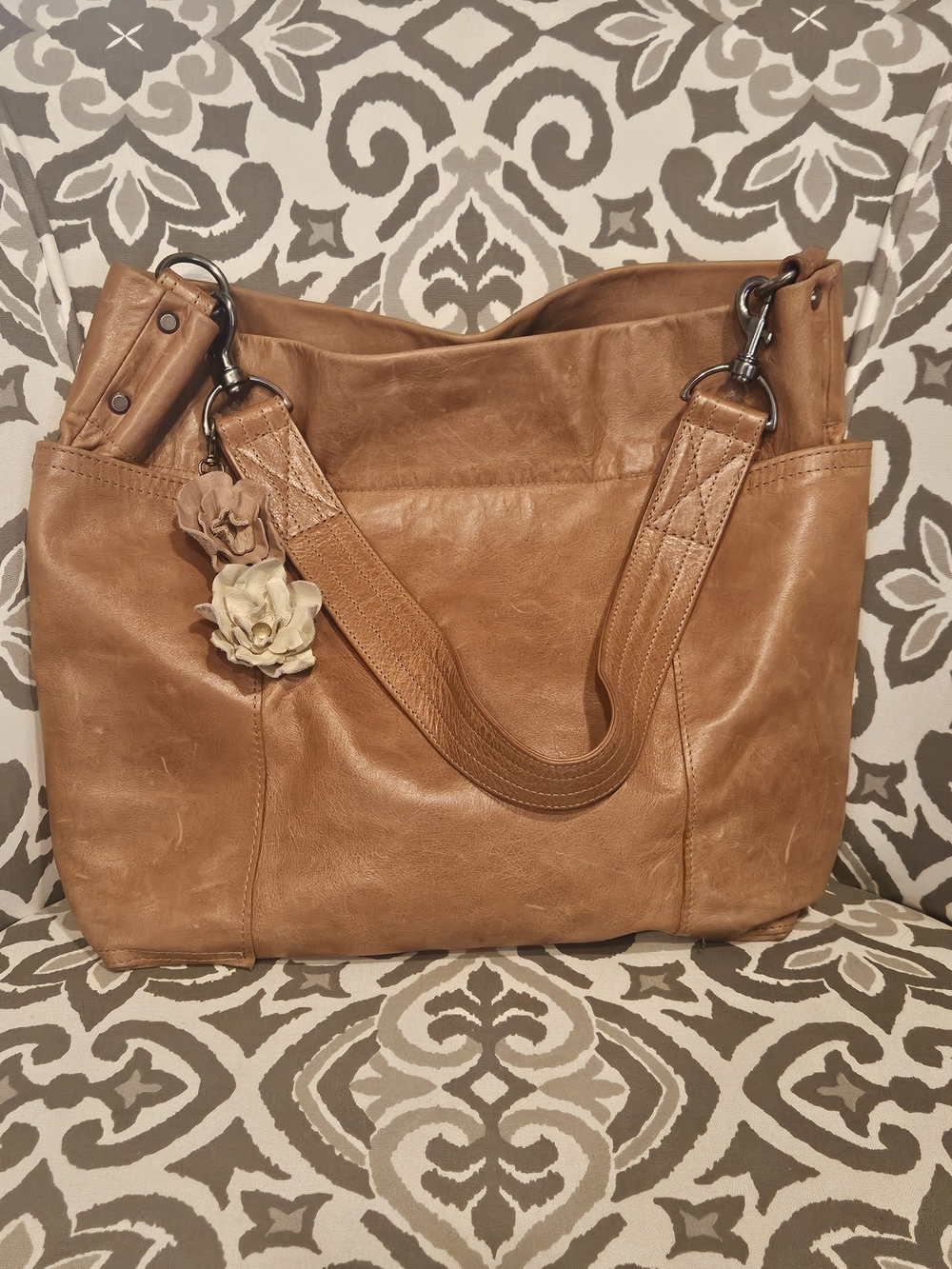 Rough & Tumble Lotus Stylish Tan Leather Tote Bag with Floral Charm
